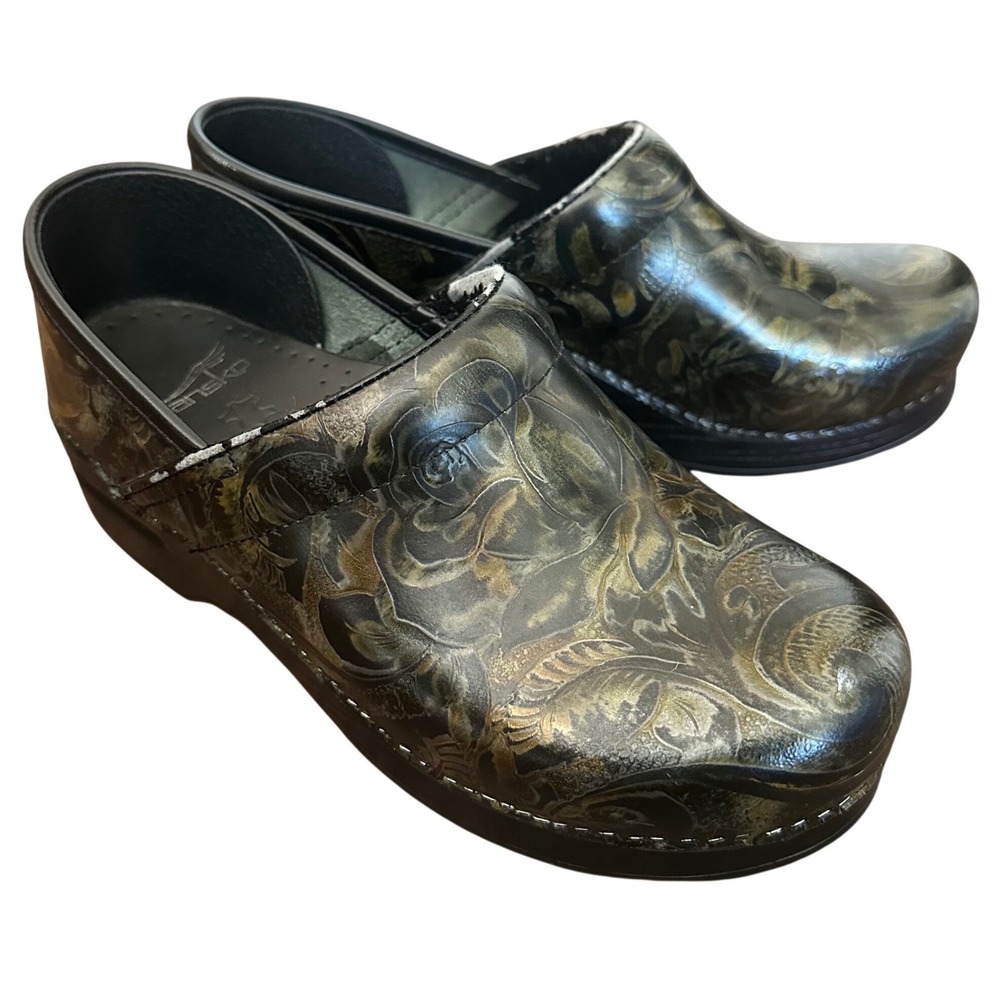 Dansko Professional Clogs Floral Embossed Metallic Bronze Leather Size 39